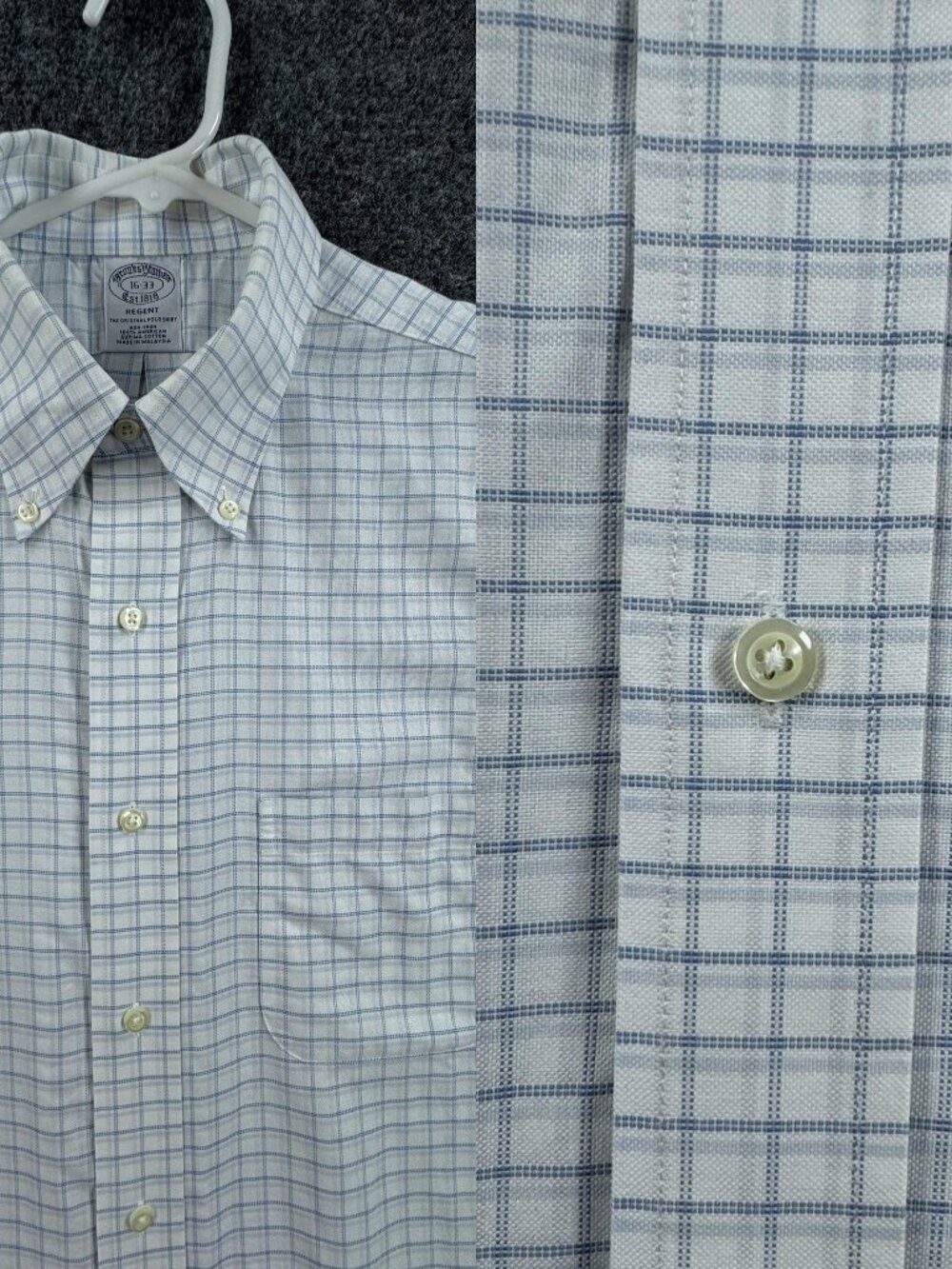 Brooks Brothers Oxford OCBD 16 33 Regent White Blue Check Supima Cotton Non-Iron